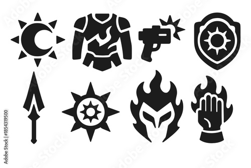 Solar Warfare Icons. Solid style icons of solar warfare artifacts: sun disc blade, molten armor piece, radiant flare cannon,