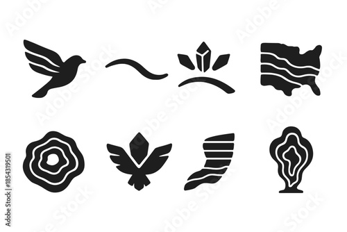 Geological Bird Formations. Solid style icons of bird formation geology: layered stone wings, sediment flight line, mineral flock