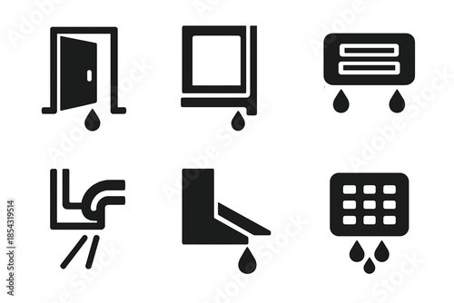 Liquid Guide Icons. Solid style icons of opening liquid guides: door sill channel, frame water slot, entry drain plate, seal flow