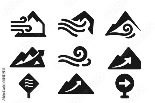 Mountain Wind Icons. Solid style icons of mountain wind patterns: breezy peak arrow, ridge flow indicator, wind-formed slope, air