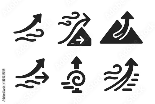 Breezy Ascent Icons. Solid style icons of a breezy ascent to the top: upward airflow curve, gust-guided route, mountain breeze