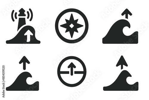 Oceanic Navigation Icons. Solid style icons of oceanic navigation crests: wave direction beacon, marine compass point,