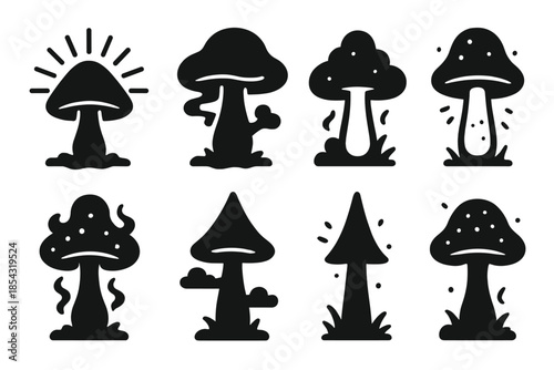 Ethereal Mushroom Icons. Solid style icons of an ethereal fungus pinnacle: radiant mushroom peak, mist-shrouded cap, glowing stem
