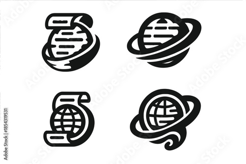 Paper World Vortex. Solid style icons of a vortex containing a miniature world on paper: spiral globe of parchment, paper planet