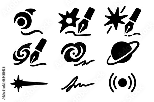 Galactic Writing Icons. Solid style icons of galactic writing phenomena: quasar flare script, supernova ink trail, starlight pulse