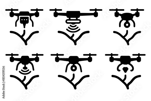 UAV Water System Icons. Solid style icons of a UAV studying branching water systems: drone with water sensor array, river branch