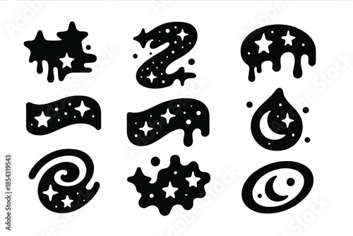 Luminous Cosmic Icons. Solid style icons of luminous fluid constellations: dripping star path, radiant nebula stream, cosmic honey