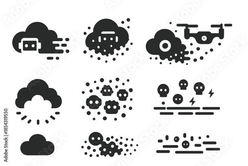 Fleeting Robot Cloud. Solid style icons of a fleeting robot cloud: passing nano haze, dissolving machine fog, momentary particle
