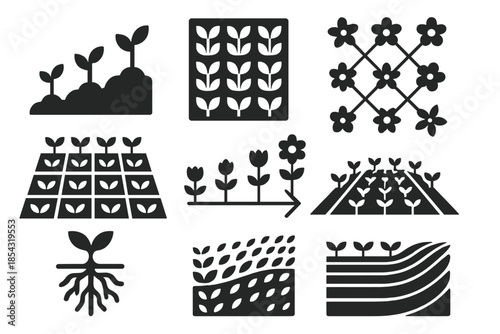 Patterned Field Icons. Solid style icons of a growing patterned field: progressive plant formation, layered leaf matrix, expanding