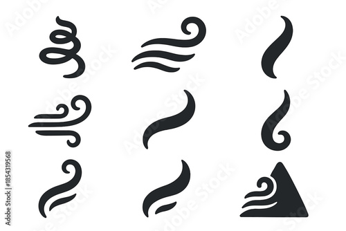 Airy Ascent Icons. Solid style icons of an airy, winding ascent: spiraling wind path, flowing gust trail, soft air curve, gentle