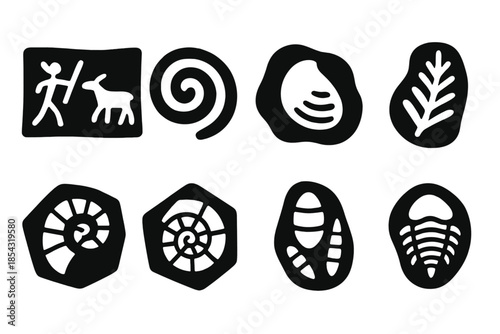 Artistic Paleontology Icons. Solid style icons of artistic paleontology forms: fossil mural design, ancient spiral painting,