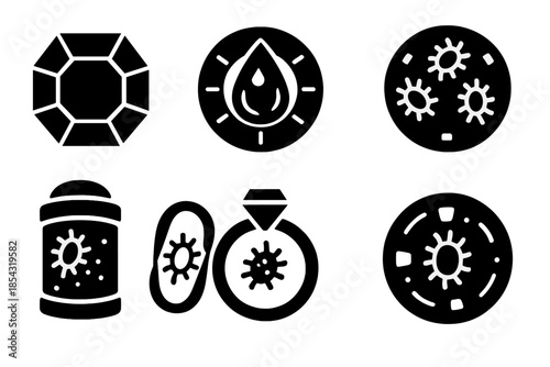 Bioluminescent Microbe Gemstone. Solid style icons of a gemstone zoetrope of microorganisms: crystalline animation wheel, rotating