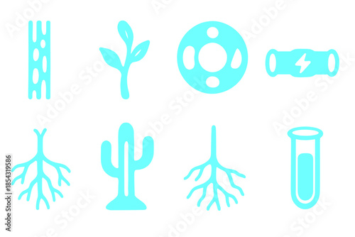 Glowing Plant Vessels. Solid style icons of noble gas vascular structures: glowing xylem column, luminous fluid stem, radiant