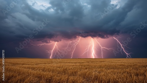 Golden Field Illuminated by Lightning Strikes Under a Cloudy Sky, Dramatic Scene.