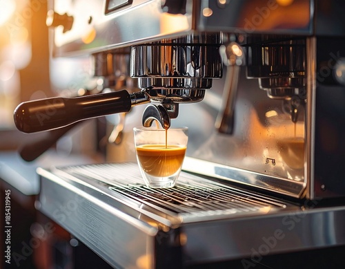 Close-up of a professional espresso machine in a modern cafe