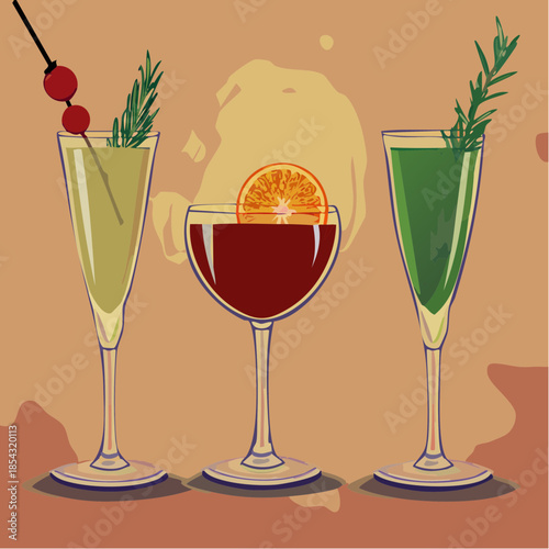 Three Cocktail Glasses with Garnishes and Drinks.