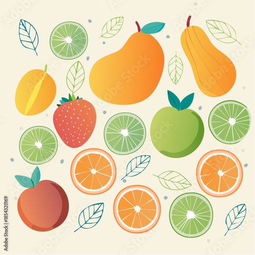 Assorted Citrus Fruits and Leaves Illustration.