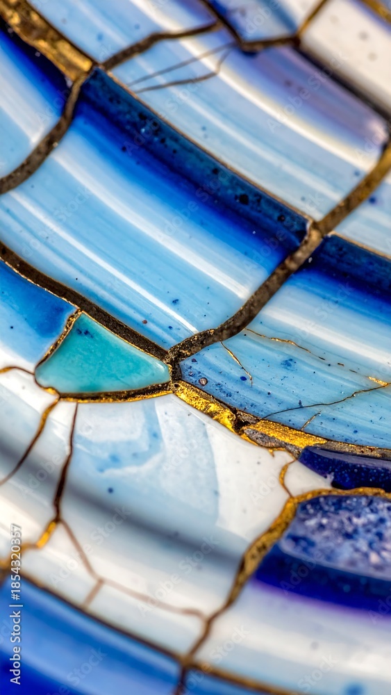 custom made wallpaper toronto digitalA close-up of a Kintsugi repaired ceramic piece, showcasing intricate gold lines against blue and white patterns.