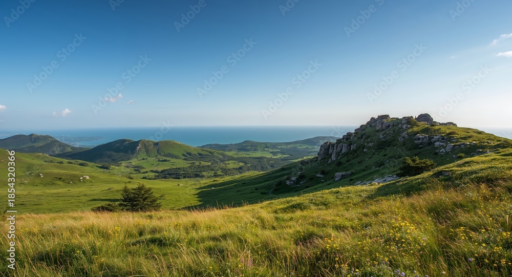 Naklejka premium Grassy Peaks, Coastal View. A Landscape of Rolling Hills and Distant Waters.