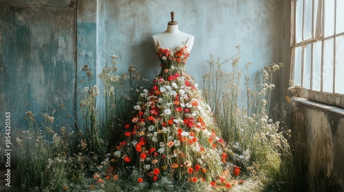 Mannequin Dress Made of Flowers in Rustic Setting
