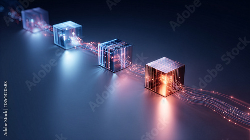 Glowing Cubes Connected by Light Trails - Digital Blockchain Network