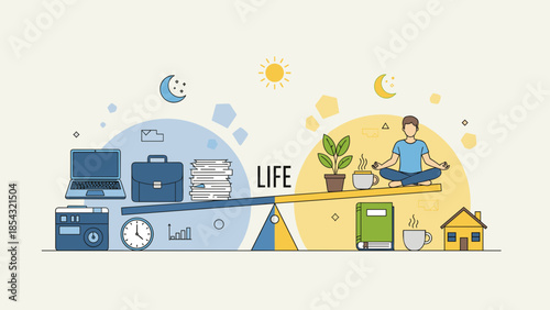 A man balancing work and life with various objects on a seesaw