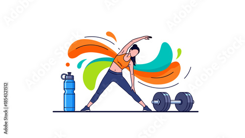 Woman in dynamic yoga pose with dumbbells and water bottle nearby