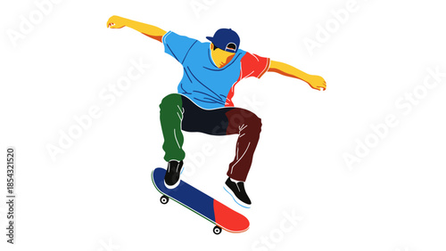 Young man skateboarding with colorful clothing and board