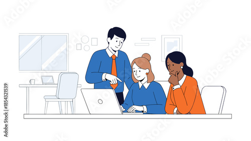 Three diverse colleagues collaborating on a laptop in an office setting together