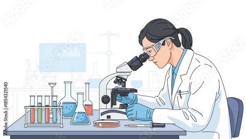 Scientist in lab coat examining samples under microscope