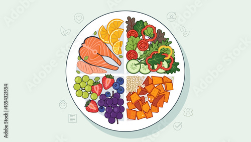 A plate divided into sections with various healthy foods