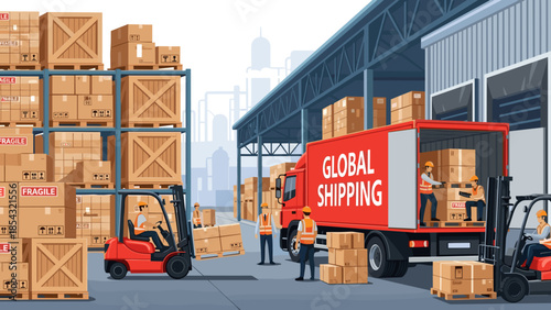 Warehouse workers loading boxes into a truck for global shipping operations
