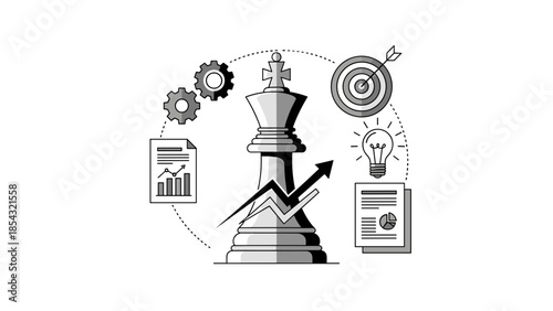Black and white illustration of a chess piece with business strategy icons around it
