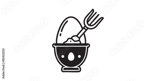 A simple line drawing of an egg in a cup with a fork