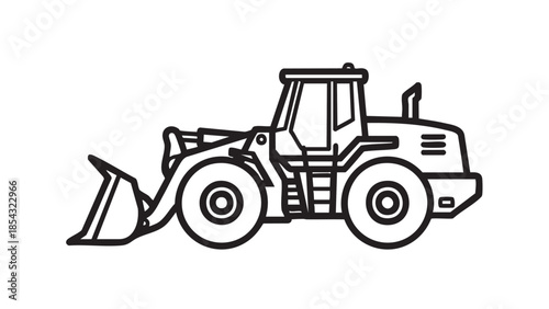 Line drawing of a front loader tractor on a white background