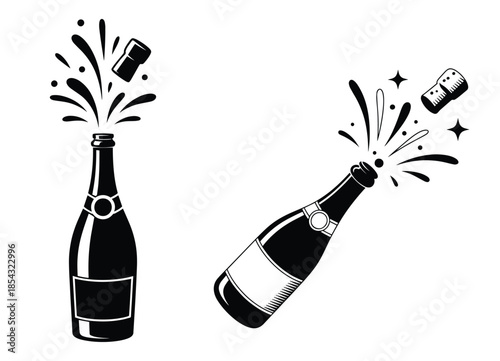 Champagne bottle, Popping corks and splashing liquid, symbolizing celebration, Popping with Stream of Bubbly Foam, Champagne bottle bursts of sparkling effects, Vector illustration
