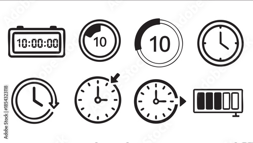 A collection of clock icons displayed on a white background illustrating various timekeeping concepts