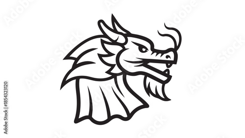 A fierce dragon head illustration in black and white