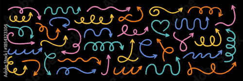 Crayon squiggly arrows doodle set. Chalk pencil comic symbols and direction pointers in sketch style. Hand drawn vector illustration isolated on black background