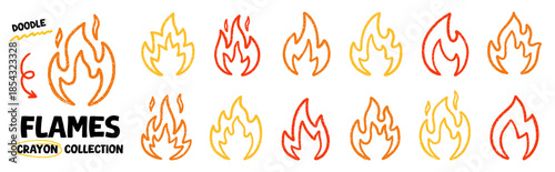 Chalk fire flame doodle set. Hand drawn punk rock burning elements in sketch style, grunge chalk texture. Vector illustration isolated on white background