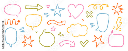Chalk pencil speech bubbles, arrows and ribbons doodle set. Crayon communication frame, comic talk balloon in sketch style, Grunge texture. Hand drawn vector illustration isolated on white background