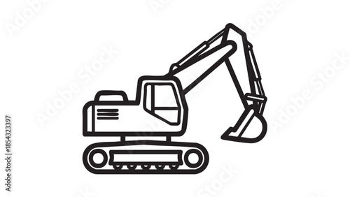 A simple line drawing of an excavator on a white background