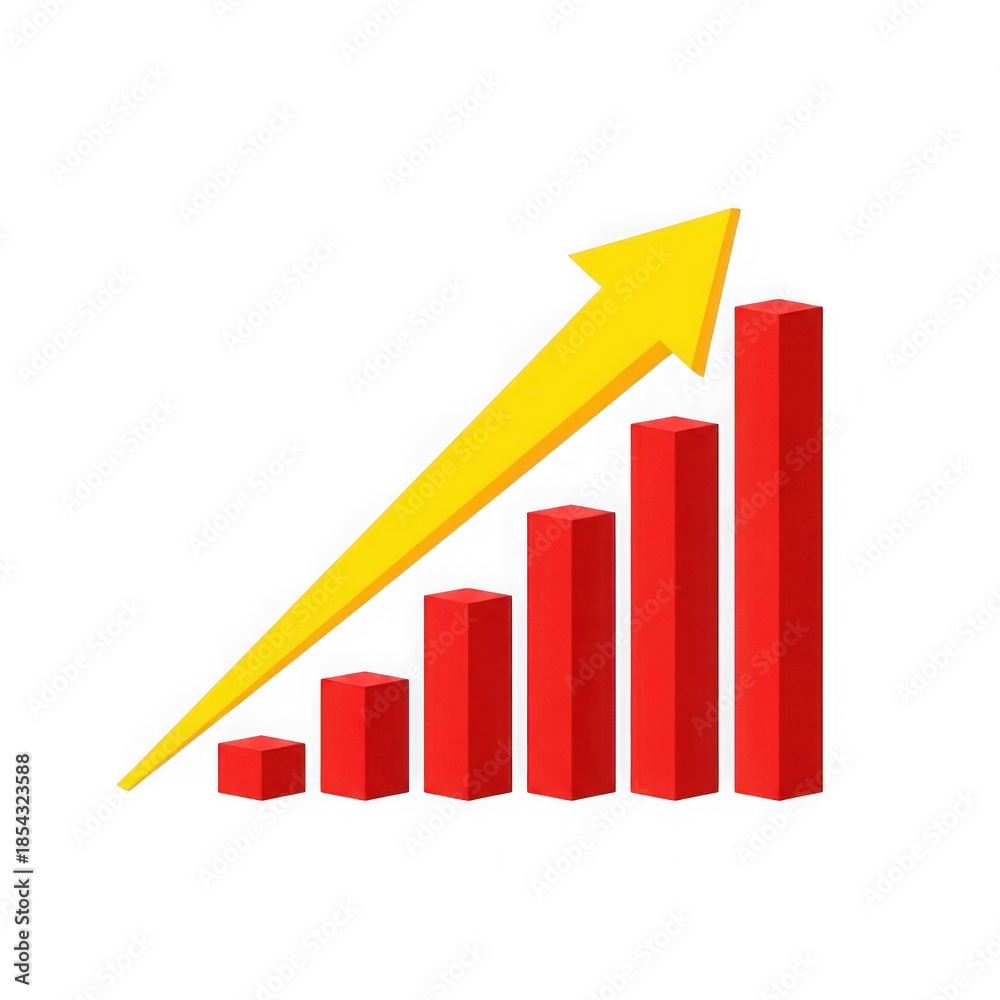 Fototapeta premium Growing bar graph with upward arrow isolated on transparent background
