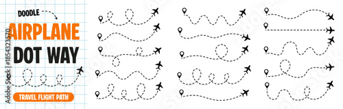 Airplane flight path for travel and journey doodle icon set. Dotted map route, dash line air plane route. Vector illustration isolated on white background