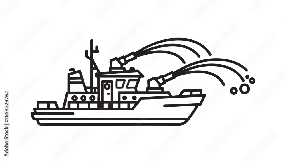 Obraz premium Military Ship Firing Cannons in the Open Sea from a Side View