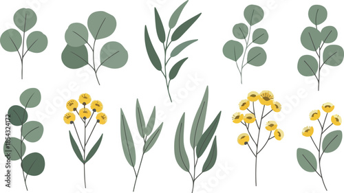 Elegant Botanical Illustrations A Collection of Greenery and Yellow Floral Elements for Design