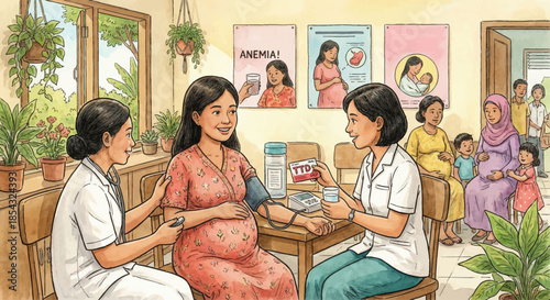 Pregnant Woman Receives Prenatal Checkup From Doctor In Community Health Center