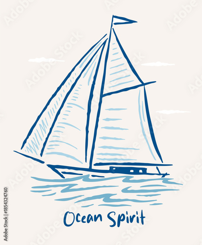Stylized illustration of a sailboat at sea. Art in free and unadorned strokes.