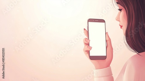 A woman holding a smartphone with a blank screen against a soft pink background