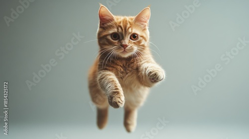 A playful orange tabby cat jumping in mid-air against a soft gray background